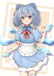Rule 34 | 1girl, absurdres, alternate costume, apron, blue bow, blue collar, blue eyes, blue hair, blue shirt, blue skirt, bow, breasts, chinese commentary, cirno, collar, commentary request, cowboy shot, enmaided, facing viewer, fairy, fairy wings, fang, frilled apron, frilled collar, frilled skirt, frilled straps, frills, hair between eyes, hair bow, hair ornament, highres, ice, ice wings, karenkabuka, looking at viewer, maid, maid apron, medium hair, open mouth, puffy short sleeves, puffy sleeves, red bow, shirt, short sleeves, simple background, skirt, small breasts, solo, standing, straight-on, thigh strap, touhou, twintails, white apron, wings, yellow background