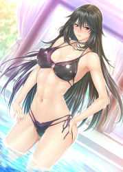 Rule 34 | 10s, 1girl, abs, bikini, black hair, blush, breasts, brown eyes, cleavage, dutch angle, female focus, frown, hand on own hip, highres, huge breasts, infinite stratos, layered bikini, long hair, looking at viewer, navel, o-ring, o-ring top, orimura chifuyu, shiny skin, side-tie bikini bottom, simple background, sketch, skindentation, soaking feet, solo, swimsuit, toned, wading, water, white background, zucchini