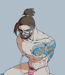 Rule 34 | 1boy, bara, hanzo (overwatch), highres, male focus, muscular, muzzle, overwatch, overwatch 1, restrained, solo