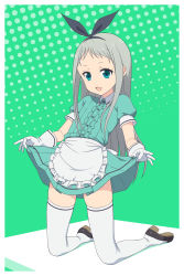 Rule 34 | 1boy, :3, apron, blend s, clothes lift, collared shirt, fugetsu taku, full body, gloves, green background, hair between eyes, hairband, highres, kanzaki hideri, kneeling, lifted by self, long hair, looking at viewer, male focus, open mouth, outside border, polka dot, polka dot background, shirt, shoes, silver hair, skirt, skirt lift, solo, thighhighs, trap, waitress, white apron, white gloves, white thighhighs, zettai ryouiki