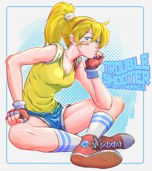 Rule 34 | 1girl, bandaid, bandaid on cheek, bandaid on face, battle mania, bb9 megadrive, blue shorts, breasts, character name, commentary request, denim, denim shorts, fingerless gloves, gloves, hairband, head rest, high ponytail, highres, indian style, kneehighs, ootorii mania, red hairband, shoes, short shorts, shorts, sitting, small breasts, sneakers, socks, solo, tank top, yellow tank top