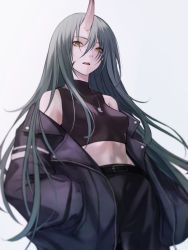 Rule 34 | 1girl, alternate costume, arknights, bare shoulders, belt, belt buckle, black pants, breasts, buckle, carrot room, commentary request, cowboy shot, crop top, green hair, hands in pockets, highres, horns, hoshiguma (arknights), long hair, long sleeves, looking at viewer, magatama, magatama necklace, midriff, necklace, open mouth, pants, simple background, single horn, skin-covered horns, small breasts, very long hair, white background, yellow eyes