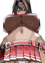 Rule 34 | 1girl, bandaid on stomach, bay (nikke), blush, breasts, cheerleader, crop top, dark-skinned female, dark skin, fang, from below, goddess of victory: nikke, grey eyes, hair between eyes, hair intakes, highleg, highleg panties, highres, huge breasts, kurorettsu, long hair, looking to the side, mole, mole on stomach, mole under eye, multicolored hair, navel, panties, ponytail, red hair, side-tie panties, simple background, solo, star sticker, sticker on face, stomach, streaked hair, two-tone skirt, two-tone tank top, underboob, underwear, white background, white panties