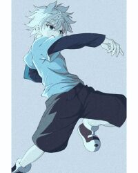 Rule 34 | 1boy, absurdres, blue shirt, child, empty eyes, enoki (gongindon), from below, highres, hunter x hunter, jumping, killua zoldyck, long sleeves, male focus, messy hair, purple shorts, shirt, shoes, shorts, simple background, solo, spiked hair, t-shirt, white hair, white shirt