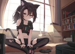 Rule 34 | 1girl, animal ear fluff, animal ears, black eyes, black hair, black nails, black shirt, black shorts, black thighhighs, black vest, bookshelf, bracelet, cat ears, cat girl, cat tail, character request, commission, controller, copyright request, extra ears, fang, game controller, hair between eyes, highres, indoors, jewelry, long hair, looking at viewer, midriff, nail polish, navel, paw print, paw print socks, paw print soles, pixiv commission, pointy ears, shirt, short shorts, shorts, sitting, skin fang, smile, solo, tail, tenroy, thighhighs, torn clothes, torn thighhighs, vest, window