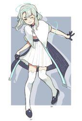 Rule 34 | 1girl, black footwear, black gloves, black sash, border, capelet, closed mouth, commentary, dress, drop shadow, floating hair, full body, gloves, green eyes, green hair, grey background, half-closed eyes, half gloves, halo, hidari (nanmu-left), highres, kneehighs, knees together feet apart, light blush, looking at viewer, mechanical halo, medium hair, one eye closed, open hand, original, outstretched arm, sash, shoes, short sleeves, simple background, skirt hold, socks, solo, symbol-only commentary, thighhighs, two-tone background, waistcoat, white border, white capelet, white dress, white thighhighs