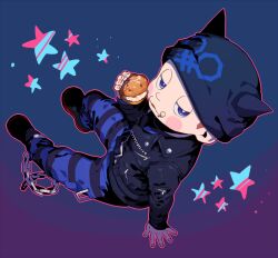 Rule 34 | 1boy, animal ear headwear, animal ears, beanie, belt, belt buckle, black belt, black bodysuit, black footwear, black hat, black jacket, black sleeves, blue background, blue bodysuit, blue eyes, blush stickers, bodysuit, brown hair, buckle, buttons, cat ears, chain, collared jacket, commentary request, cream puff, crumbs, cuffs, danganronpa (series), danganronpa v3: killing harmony, eating, expressionless, fake animal ears, fingernails, food, full body, gradient background, half-closed eyes, hat, holding, holding food, hoshi ryoma, jacket, kogarashi 8, layered sleeves, leather, leather jacket, long sleeves, looking at viewer, male focus, outline, parted lips, partial commentary, pocket, prison clothes, red outline, shackles, shoes, short hair, simple background, sitting, sleeves past wrists, solo, star (symbol), striped bodysuit, two-tone bodysuit, very short hair, zipper, zipper pull tab