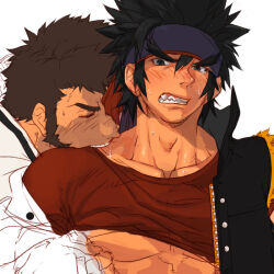 Rule 34 | 2boys, age difference, bara, beard, biting, blue headband, blush, clenched teeth, closed eyes, clothes lift, dark-skinned male, dark skin, dungeon and fighter, facial hair, forked eyebrows, headband, huge eyebrows, male fighter (dungeon and fighter), male focus, male priest (dungeon and fighter), mature male, multiple boys, muscular, muscular male, neck biting, nikism, nipple stimulation, nipple tweak, pectorals, reach-around, shirt lift, short hair, sideburns, solo focus, sweat, teeth, thick eyebrows, underpec, upper body, very sweaty, yaoi