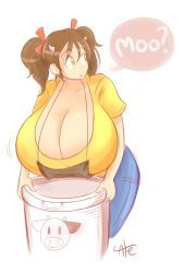 Rule 34 | 1girl, borrowed character, breasts, brown hair, cleavage, cow girl, cow horns, denim, female focus, gigantic breasts, hair ornament, hair ribbon, horns, jeans, pants, ribbon, shirt, simple background, solo, standing, sukimi, theycallhimcake, twintails, white background, wide hips, yellow eyes