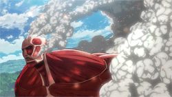 Rule 34 | action, animated, animated gif, colossal titan, eren yeager, giant, giant monster, kaijuu, lowres, military, military uniform, monster, muscular, nude, shingeki no kyojin, size difference, sky, steam, teeth, three-dimensional maneuver gear, titan (shingeki no kyojin), uniform, wall