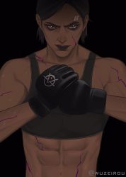 Rule 34 | 1girl, abs, arcane: league of legends, artist name, bandaid, bandaid on face, bandaid on forehead, black background, black gloves, boxing gloves, brown hair, closed mouth, crop top, dark-skinned female, dark skin, freckles, gloves, highres, league of legends, looking at viewer, navel, sevika (arcane), short hair, solo, wuzeirou