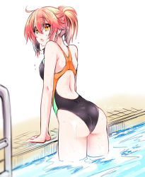 Rule 34 | 1girl, ahoge, alternate costume, black one-piece swimsuit, brown eyes, competition swimsuit, fate/grand order, fate (series), fujimaru ritsuka (female), hair between eyes, long hair, one-piece swimsuit, open mouth, ponytail, pool, red hair, shino-o, simple background, solo, sweatdrop, swimsuit, white background