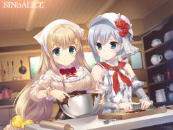 Rule 34 | 2girls, :o, artist request, asymmetrical bangs, bare shoulders, blonde hair, bow, breasts, chocolate, commentary request, cutting board, detached sleeves, green eyes, grey hair, hat, highres, knife, large breasts, long hair, multiple girls, official art, rapunzel (sinoalice), rolling pin, silver trim, sinoalice, snow white (sinoalice), square enix, teapot, valentine, very long hair, white hair