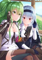 Rule 34 | 2girls, absurdres, artist name, bench, black choker, black gloves, black legwear, black neckwear, black skirt, blue gloves, blue hair, breasts, cellphone, choker, cleavage, closed mouth, collarbone, commentary request, crossed legs, girls&#039; frontline, gloves, green hair, hair ornament, hairband, headphones, highres, jewelry, long hair, looking down, m950a (girls&#039; frontline), medium breasts, multiple girls, neck ribbon, necklace, necktie, on bench, pantyhose, phone, red eyes, red ribbon, ribbon, rynzfrancis, shirt, simple background, sitting, skirt, smartphone, smile, thunder (girls&#039; frontline), twintails, white shirt, yellow eyes