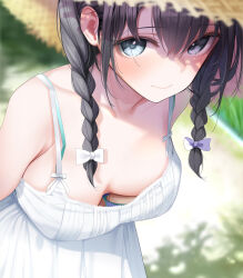Rule 34 | 1girl, black hair, blue eyes, blush, braid, breasts, cleavage, closed mouth, collarbone, commentary request, downblouse, dress, fed (giba), hair between eyes, hair ribbon, hat, heart, highres, leaning forward, long hair, looking at viewer, medium breasts, original, outdoors, ribbon, sleeveless, sleeveless dress, solo, standing, straw hat, sweat, twin braids, white dress