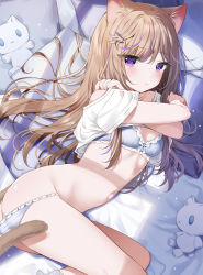 Rule 34 | 1girl, alt text, animal ear fluff, animal ears, ass, bad id, bad pixiv id, bed, bed sheet, blue bra, blue panties, blush, bow, bow bra, bra, breasts, brown hair, butt crack, cat ears, cat girl, cat tail, closed mouth, commentary request, cowboy shot, dot nose, expressionless, hair ornament, hairclip, highres, leo (mafuyu), light particles, long hair, looking at viewer, mafuyu (chibi21), multicolored hair, navel, original, panties, panty pull, parted bangs, pillow, purple eyes, purple hair, shadow, small breasts, solo, streaked hair, stuffed animal, stuffed cat, stuffed toy, tail, thighs, two-tone hair, underwear