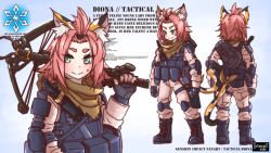 Rule 34 | 1girl, 3:, alternate costume, animal ear fluff, animal ears, artist name, bangs pinned back, black footwear, black gloves, boots, bow (weapon), bowgun, brown scarf, cat ears, cat girl, cat tail, character name, character sheet, chibi, clothing cutout, combat boots, commentary, compound bow, copyright name, diona (genshin impact), english commentary, fingerless gloves, from behind, full body, genshin impact, gloves, green eyes, introvert-kun, jumpsuit, knee guards, long sleeves, looking at viewer, over shoulder, pink hair, pink jumpsuit, ribbon, scarf, short hair, sidelocks, solo, sweat, tactical clothes, tail, tail ornament, tail ribbon, tail through clothes, thick eyebrows, weapon, weapon over shoulder