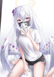 Rule 34 | 1girl, absurdres, azusa (blue archive), barefoot, black mask, black shorts, blue archive, cellphone, dolphin shorts, flower, hair flower, hair ornament, halo, highres, holding, holding phone, long hair, looking at viewer, mask, mouth mask, peroro (blue archive), phone, purple eyes, shira jun, shirt, shorts, sitting, smartphone, solo, wariza, white background, white shirt, wings