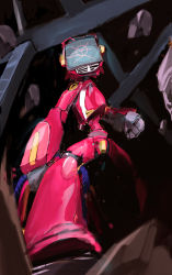 Rule 34 | 00s, armor, bad id, bad pixiv id, canti, clenched hand, dark background, flcl, from below, holding, mecha, no humans, robot, rock, screen, sketch, so-bin, standing
