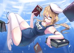 Rule 34 | 10s, 1girl, afloat, bad id, bad pixiv id, blonde hair, blue eyes, book, breasts, floating, glasses, hat, i-8 (kancolle), kantai collection, kt. (kaisou-notagui), large breasts, long hair, looking at viewer, name tag, one-piece swimsuit, peaked cap, red-framed eyewear, school swimsuit, semi-rimless eyewear, smile, solo, swimsuit, twintails, underwater, white legwear