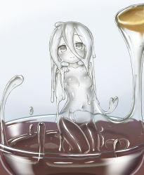 Rule 34 | 1girl, ahoge, blush, breasts, closed mouth, colored skin, curss, grey eyes, grey hair, grey skin, hair between eyes, heart, in bowl, in container, long hair, looking at viewer, medium breasts, mini person, minigirl, monster girl, navel, nude, original, slime girl, smile, solo, spoon, transparent