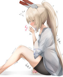 Rule 34 | 1girl, absurdres, ayanami (azur lane), azur lane, bike shorts, black shorts, blonde hair, blush, brown eyes, check commentary, closed mouth, commentary, commentary request, dildo, eyes visible through hair, feet out of frame, female masturbation, from side, frown, grey skirt, headgear, highres, knees up, long hair, long sleeves, masturbation, micchamu, motion lines, nose blush, ponytail, profile, sex toy, shorts, simple background, skirt, solo, sweat, trembling, very long hair, white background