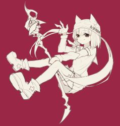 Rule 34 | 1girl, absurdres, boots, english text, hat, highres, long hair, long sleeves, looking at viewer, monochrome, original, red background, riuichi, school uniform, simple background, smile, solo, staff, star (symbol), thighhighs