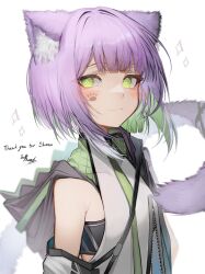 1girl absurdres animal_ear_fluff animal_ears blush cat_ears cat_girl cat_tail character_name closed_mouth commission copyright_name green_eyes highres indie_virtual_youtuber looking_at_viewer paw_print purple_hair second-party_source short_hair shwaa simple_background skeb_commission smile tab_head tail thank_you upper_body virtual_youtuber white_background