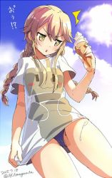 Rule 34 | &gt;:&lt;, 10s, 1girl, 2015, :&lt;, :3, ^^^, alternate costume, alternate hairstyle, blonde hair, blue sky, blush, braid, closed mouth, cloud, dated, day, food, from below, frown, gradient background, ice cream, ice cream cone, kantai collection, long hair, looking down, magenta (atyana), melting, multiple braids, open mouth, outdoors, panties, pantyshot, rensouhou-chan, shimakaze (kancolle), shirt, sky, soft serve, solo, triangle mouth, twin braids, twitter username, underwear, v-shaped eyebrows