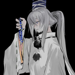 Rule 34 | 1girl, black background, blue eyes, blue hat, cerevevisiae, closed mouth, coat, grey hair, hat, highres, holding, japanese clothes, kariginu, long hair, long sleeves, mononobe no futo, object request, pom pom (clothes), profile, ribbon-trimmed sleeves, ribbon trim, simple background, smile, solo, tate eboshi, touhou, upper body, white coat, wide sleeves