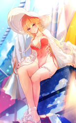 Rule 34 | 1girl, animal, animal on lap, azur lane, bare shoulders, blonde hair, blue sky, breasts, casual one-piece swimsuit, cat, cat on lap, cleavage, closed mouth, collarbone, covered navel, crossed legs, flower, frilled swimsuit, frills, hair between eyes, hat, highleg, highleg swimsuit, highres, large breasts, large hat, long hair, looking at viewer, matori (penguin batake), nail polish, official alternate costume, on lap, one-piece swimsuit, outdoors, red eyes, red nails, red one-piece swimsuit, richelieu (azur lane), richelieu (fleuron of the waves) (azur lane), rose, sitting, sky, smile, sun hat, swimsuit, thigh strap, white cat, white flower, white footwear, white rose, white sleeves