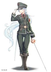 Rule 34 | 1girl, blue eyes, boots, full body, hair over one eye, hat, highres, holding, holding sword, holding weapon, long hair, military, military hat, military uniform, necktie, ponytail, rapier, rwby, scabbard, scar, sheath, solo, sword, uniform, weapon, weiss schnee, white hair, world war ii, yanagino (yanagino3)