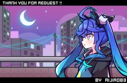 Rule 34 | 1girl, aijiro83, animal ears, aqua hair, artist name, blue hair, blurry, blurry background, building, casual, commentary request, commission, crescent moon, depth of field, ear ornament, english text, gradient hair, highres, hood, hood down, hoodie, horse ears, horse girl, letterboxed, long hair, looking to the side, moon, multicolored clothes, multicolored hair, multicolored hoodie, night, night sky, parted lips, partial commentary, power lines, purple eyes, skeb commission, sky, solo, star (sky), starry sky, twin turbo (umamusume), twintails, umamusume