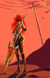 Rule 34 | 10s, 1girl, amou kanade, artist request, bird, bodysuit, boots, fake horns, full body, headgear, high heels, holding, holding weapon, horned headwear, horns, long hair, looking to the side, polearm, power lines, red background, red eyes, red hair, senki zesshou symphogear, skin tight, solo, source request, spear, spiked hair, standing, thigh boots, thighhighs, utility pole, vambraces, weapon