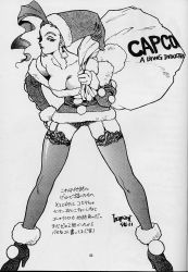 Rule 34 | 1girl, breasts, capcom, christmas, cleavage, earrings, greyscale, highres, jewelry, medium breasts, monochrome, rose (street fighter), scan, solo, street fighter, thighhighs