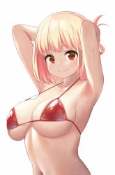 Rule 34 | 1girl, armpits, arms behind head, arms up, atgsanz (wttoo0000), bikini, blonde hair, breasts, closed mouth, highres, large breasts, looking at viewer, lycoris recoil, navel, nishikigi chisato, one side up, red bikini, red eyes, short hair, simple background, skindentation, smile, solo, strap gap, string bikini, swimsuit, underboob, upper body, wet, white background