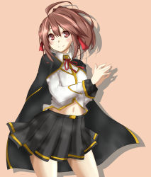 Rule 34 | 1girl, ahoge, arc system works, blazblue, blazblue phase 0, blush, brown eyes, brown hair, cape, celica a. mercury, hair ribbon, navel, own hands together, pleated skirt, ponytail, ribbon, school uniform, skirt, smile, solo, suzuna rin