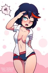 Rule 34 | 1girl, abs, absurdres, artist name, blue eyes, blush, breasts, briefs, classic fly briefs, cleft of venus, female focus, highres, kill la kill, male underwear, matoi ryuuko, navel, nipple slip, nipples, no bra, one eye closed, open clothes, open mouth, open shirt, panties, shirt, short hair, solo, spoken squiggle, squiggle, standing, tagme, the other half, underwear