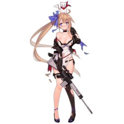 Rule 34 | 1girl, ahoge, battle rifle, black thighhighs, blonde hair, blue bow, blue eyes, blush, bow, breasts, choker, cleavage, embarrassed, fal (girls&#039; frontline), fn fal, full body, girls&#039; frontline, gun, hair bow, jacket, large breasts, long hair, long sleeves, looking at viewer, navel, off shoulder, official art, ribbon, rifle, scope, side ponytail, single thighhigh, solo, standing, suisai., thigh strap, thighhighs, transparent background, very long hair, weapon