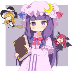 Rule 34 | 3girls, :d, bat wings, black dress, blush stickers, book, broom, broom riding, chibi, crescent, crescent hat ornament, crys (dai), dress, fang, hat, hat ornament, head wings, holding, holding book, kirisame marisa, koakuma, mob cap, multiple girls, open mouth, patchouli knowledge, purple background, simple background, skin fang, smile, touhou, wings, witch hat