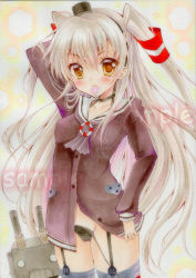 Rule 34 | 1girl, amatsukaze (kancolle), black panties, blush, collarbone, condom, condom in mouth, condom wrapper, cowboy shot, dress shirt, floating hair, garter straps, grey shirt, hair between eyes, hair tubes, kantai collection, long hair, long sleeves, looking at viewer, mouth hold, panties, sailor collar, sailor shirt, sample watermark, shirt, side-tie panties, silver hair, solo, standing, thighhighs, traditional media, twintails, two side up, underwear, untied panties, very long hair, wakaba0801, watermark, white background, white sailor collar, yellow eyes
