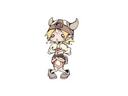 Rule 34 | 1girl, belt, belt pouch, black belt, bmp-to-png conversion, brown bag, brown footwear, brown headwear, chibi, crying, crying with eyes open, facial mark, fake horns, flying teardrops, frfr, full body, game cg, gloves, gob (mon-musu quest!), hands up, helmet, horned helmet, horns, knees together feet apart, mon-musu quest!, non-web source, o o, open mouth, pale skin, pointy ears, pouch, simple background, single horn, solo, standing, tears, transparent background, triangle mouth, white gloves, white tunic