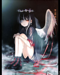Rule 34 | 1girl, absurdres, angel, angel wings, artist name, bandages, black background, black choker, black footwear, black hair, black shirt, blood, blood on clothes, broken glass, choker, chromatic aberration, commentary, cross, cross-laced footwear, cross choker, cross earrings, dated, denim, denim shorts, dopoing, earrings, english text, eyepatch, facial scar, fallen angel, feathered wings, feathers, glass, halo, highres, huge filesize, jewelry, long hair, looking at viewer, multicolored hair, original, red eyes, scar, scar across eye, scar on cheek, scar on face, shirt, short shorts, shorts, single earring, sitting, smoke, solo, stitches, streaked hair, tears, torn clothes, torn shirt, torn shorts, two-tone hair, white hair, white wings, wings