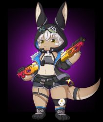 Rule 34 | 1other, :3, absurdres, androgynous, animal ears, bronya zaychik, bronya zaychik (cosplay), bronya zaychik (haxxor bunny), brown fur, bullet, bullpup, cosplay, costume request, full body, furry, gradient background, gun, highres, holding, holding gun, holding weapon, honkai (series), honkai impact 3rd, hood, horizontal pupils, made in abyss, midriff, nanachi (made in abyss), other focus, p90, personal defense weapon, rabbit ears, shorts, smugbuns, standing, submachine gun, tail, weapon, whiskers, white hair, yellow eyes