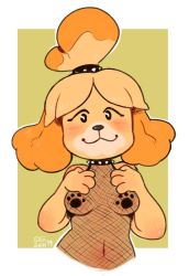 Rule 34 | 1girl, :3, alternate costume, animal crossing, animal ears, artist name, bare shoulders, black eyes, blonde hair, blush, border, breasts, closed mouth, collar, collarbone, dated, dog ears, dog girl, female focus, fishnets, furry, furry female, green background, hands on own chest, hands up, happy, isabelle (animal crossing), jpeg artifacts, looking at viewer, medium breasts, nintendo, outline, paw print, revealing clothes, seii shin, short hair, signature, simple background, sleeveless, smile, solo, spiked collar, spikes, topknot, upper body, white border, white outline