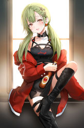 Rule 34 | 1girl, :d, bare shoulders, black footwear, black thighhighs, blush, boots, bottle, breasts, brown eyes, cleavage, collarbone, earrings, green hair, hair ornament, hairclip, high heel boots, high heels, highres, holding, holding bottle, jacket, jewelry, knee boots, knee up, lloule, long hair, long sleeves, looking at viewer, low twintails, medium breasts, off shoulder, open clothes, open jacket, open mouth, original, red jacket, single thigh boot, sitting, smile, solo, tattoo, thigh boots, thigh strap, thighhighs, twintails, window