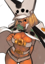 Rule 34 | 1girl, belt bra, blonde hair, breasts, cape, cleavage, closed mouth, dark skin, dark-skinned female, guilty gear, hat, long hair, looking at viewer, navel, ramlethal valentine, short shorts, shorts, simple background, solo, unizama, white background