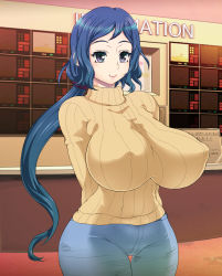 Rule 34 | 10s, 1girl, arms behind back, blue eyes, blue hair, breasts, denim, covered erect nipples, gundam, gundam build fighters, huge breasts, impossible clothes, impossible sweater, iori rinko, jeans, long hair, matching hair/eyes, mature female, pants, rebis, ribbed sweater, smile, solo, sweater, thigh gap, turtleneck, very long hair, wide hips