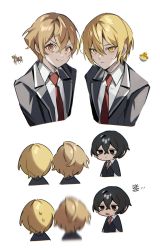 Rule 34 | 1girl, 2boys, alternate hairstyle, black hair, blonde hair, chibi, don quixote (project moon), emoji, formal, highres, limbus company, mu46016419, multiple boys, necktie, orange eyes, project moon, red necktie, shaking, short hair, sinclair (project moon), suit, sweatdrop, white background, yellow eyes, yi sang (project moon)