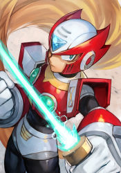 Rule 34 | 1boy, android, armor, beam saber, blonde hair, blue eyes, capcom, clenched hand, energy, energy weapon, forehead jewel, full body, gem, glowing, helmet, holding, holding sword, holding weapon, hungry clicker, long hair, looking at viewer, male focus, mega man (series), mega man x (series), red armor, serious, shoulder armor, solo, sword, symbol, very long hair, weapon, zero (mega man)